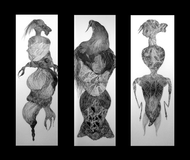 Three varnished graphite pieces on translucent paper